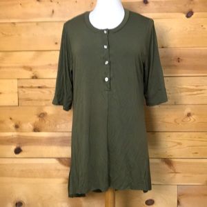 NEW Boutique brand army green stretch cotton high low henley tunic top blouse XL